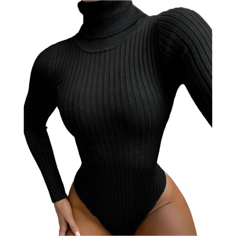 Women's Ribbed Knit Turtleneck Bodysuit – Elegant Long Sleeve Layering Essential