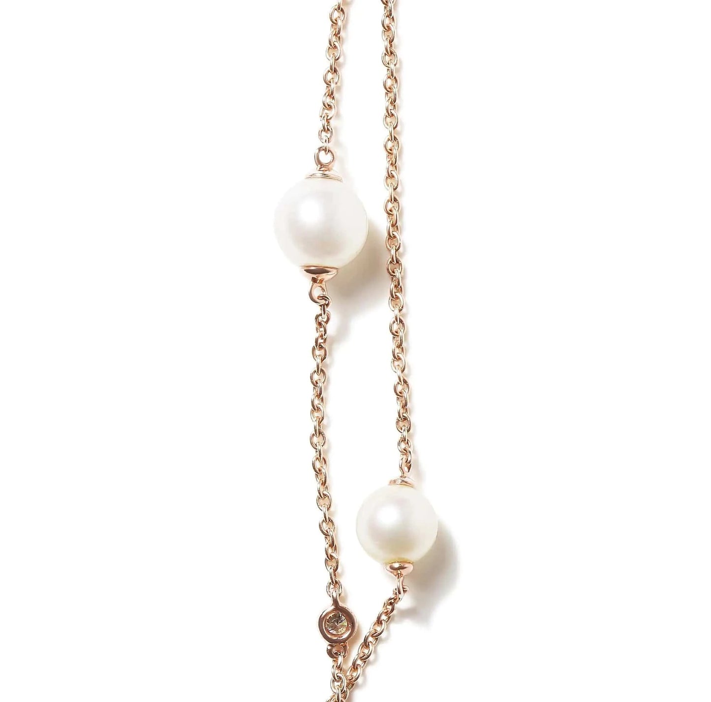 18K Rose Gold 1/2 Cttw Diamond and Freshwater Pearl Double Strand Station Necklace (G-H Color, SI1-SI2 Clarity) - Adjustable up to 16" to 20"