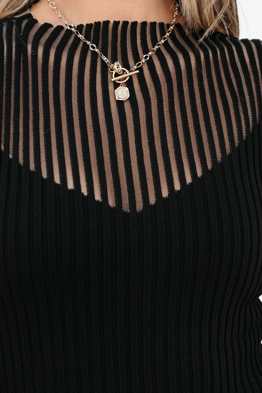 Black Ribbed Knit Sweater Vest with Mesh Cutout Detail