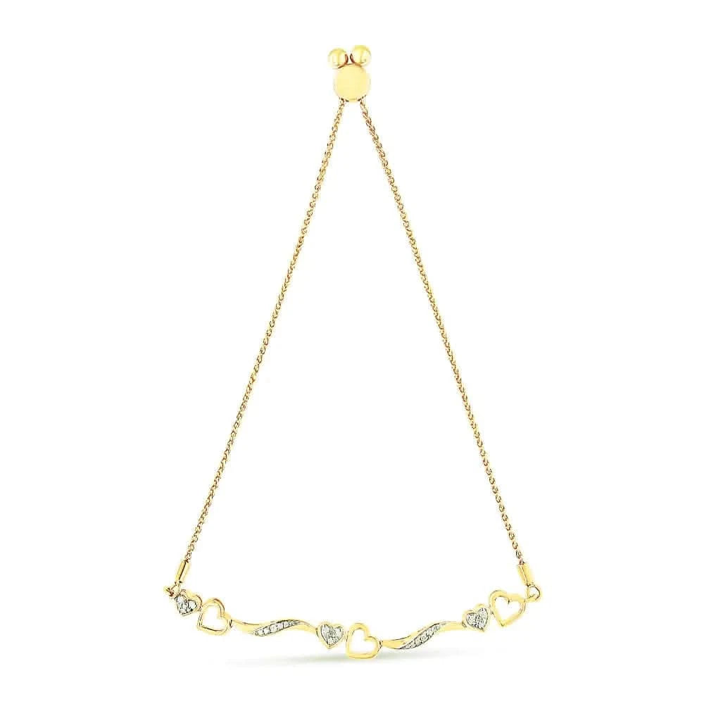 Bracelet bolo ajustable en argent sterling 925 plaqué or jaune 14 carats, 1/10 ct, motif vagues et cœurs en diamants (couleur IJ, pureté I3)