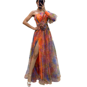 Mesh Tie-Dye Off-Shoulder Slit Dress