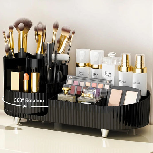 Makeup Organizer, Rotating Makeup Organizer for Vanity with Brush Holder, Cosmetic Organizer, Large Spinning Makeup Skincare Organizer for Perfume Jewellry Lipstick, Black