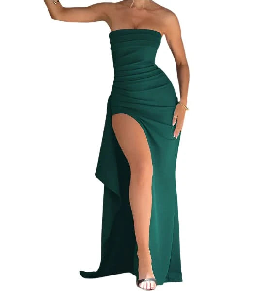 Strapless Asymmetrical High Split Maxi Dress