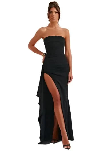 Strapless Asymmetrical High Split Maxi Dress