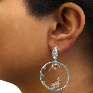 Boucles d'oreilles créoles florales en argent sterling 925 plaqué or rose, diamants 1/10 ct (couleur IJ, pureté SI1-SI2)