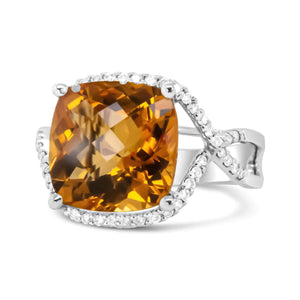Bague en or blanc 14 carats, citrine jaune taille coussin de 12 mm et diamant rond pavé de 1/3 ct (couleur HI, pureté VS1-VS2)