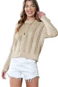 Full Size Openwork Cable-Knit Round Neck Knit Top-