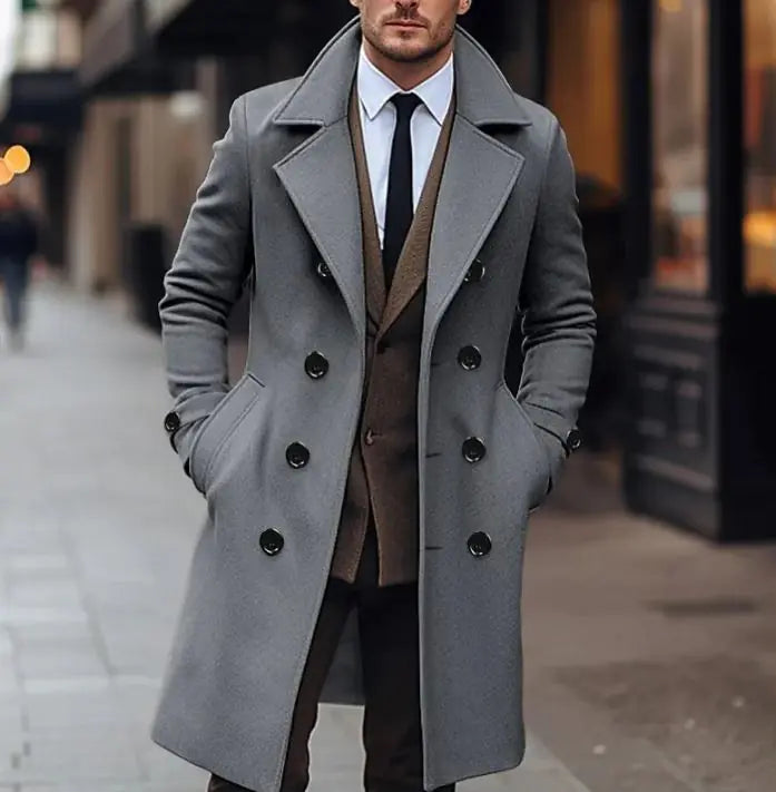 Classic Double-Breasted Men’s Wool Coat – Long, Warm & Tailored for Fall/Winter