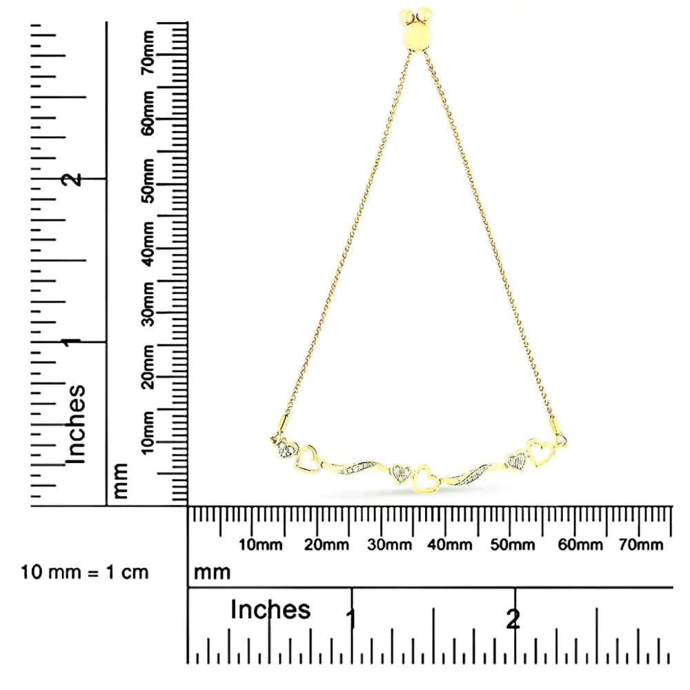 Bracelet bolo ajustable en argent sterling 925 plaqué or jaune 14 carats, 1/10 ct, motif vagues et cœurs en diamants (couleur IJ, pureté I3)