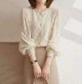 Women Lace ShirtsWomen Lace Shirts – Elegant Long Sleeve Pearl Blouse