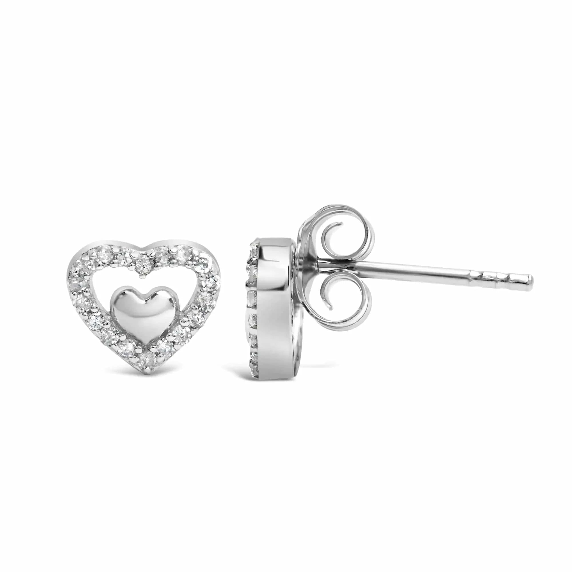 Boucles d'oreilles à tige en argent sterling 925 avec diamants de 1/6 ct et double cœur ouvert - Couleur de diamant au choix