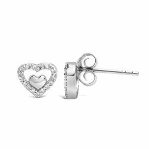 Boucles d'oreilles à tige en argent sterling 925 avec diamants de 1/6 ct et double cœur ouvert - Couleur de diamant au choix