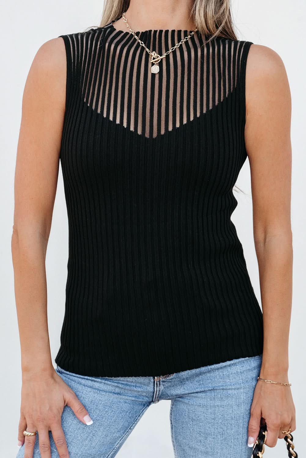 Black Ribbed Knit Sweater Vest with Mesh Cutout Detail