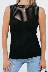 Black Ribbed Knit Sweater Vest with Mesh Cutout Detail
