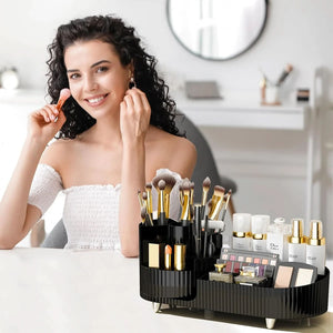 Makeup Organizer, Rotating Makeup Organizer for Vanity with Brush Holder, Cosmetic Organizer, Large Spinning Makeup Skincare Organizer for Perfume Jewellry Lipstick, Black