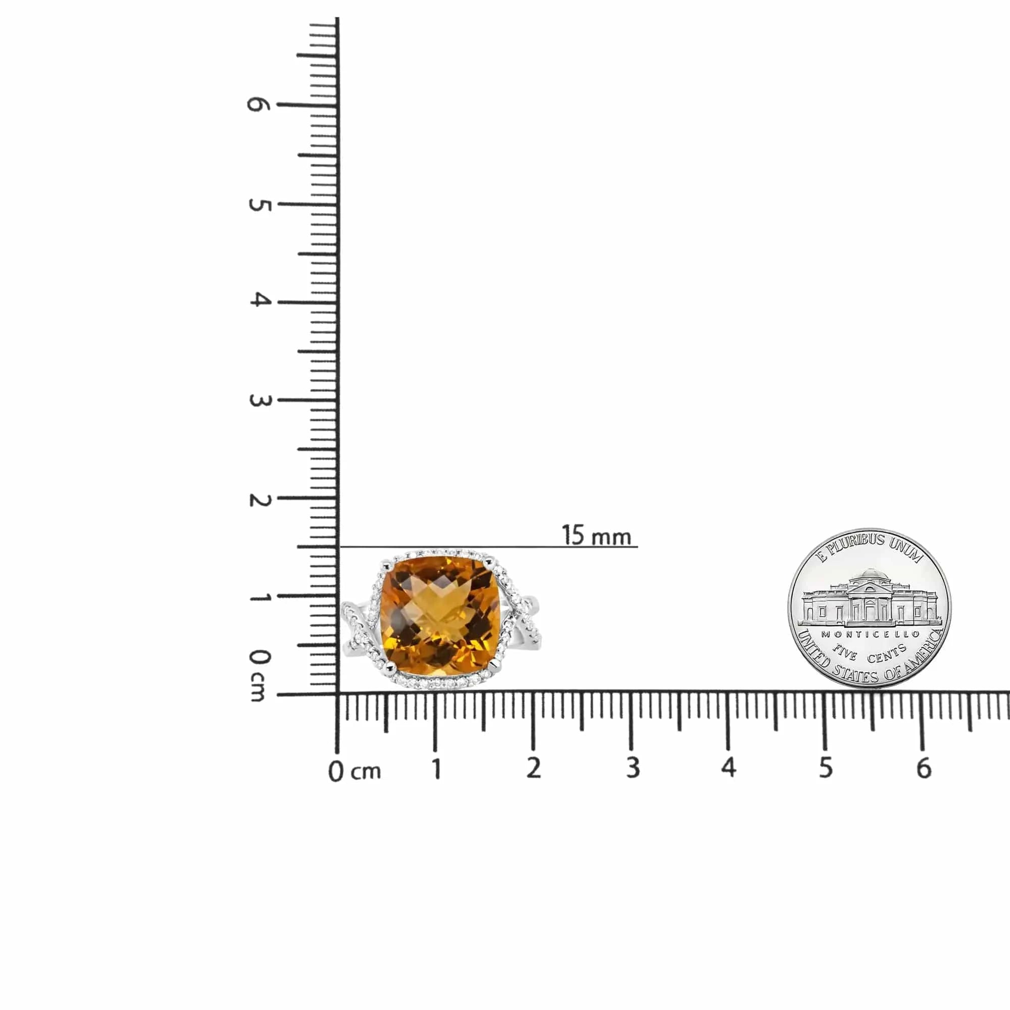 Bague en or blanc 14 carats, citrine jaune taille coussin de 12 mm et diamant rond pavé de 1/3 ct (couleur HI, pureté VS1-VS2)