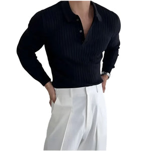 Polo à manches longues et revers pour homme, coupe slim, rayé et uni