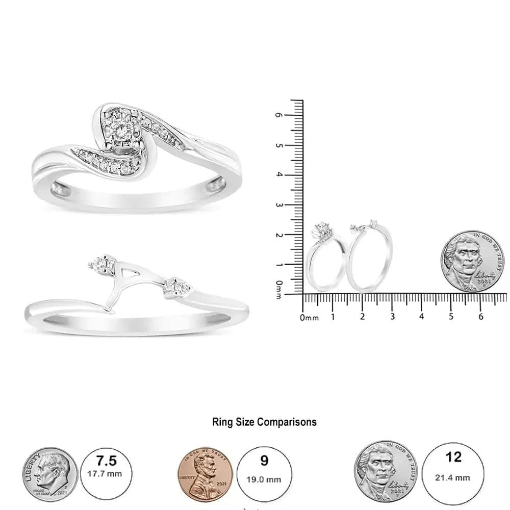 Parure de mariage en argent sterling 925 avec diamants tourbillonnants – Bague de fiançailles et alliance 1/10 ct (couleur IJ, pureté I3)