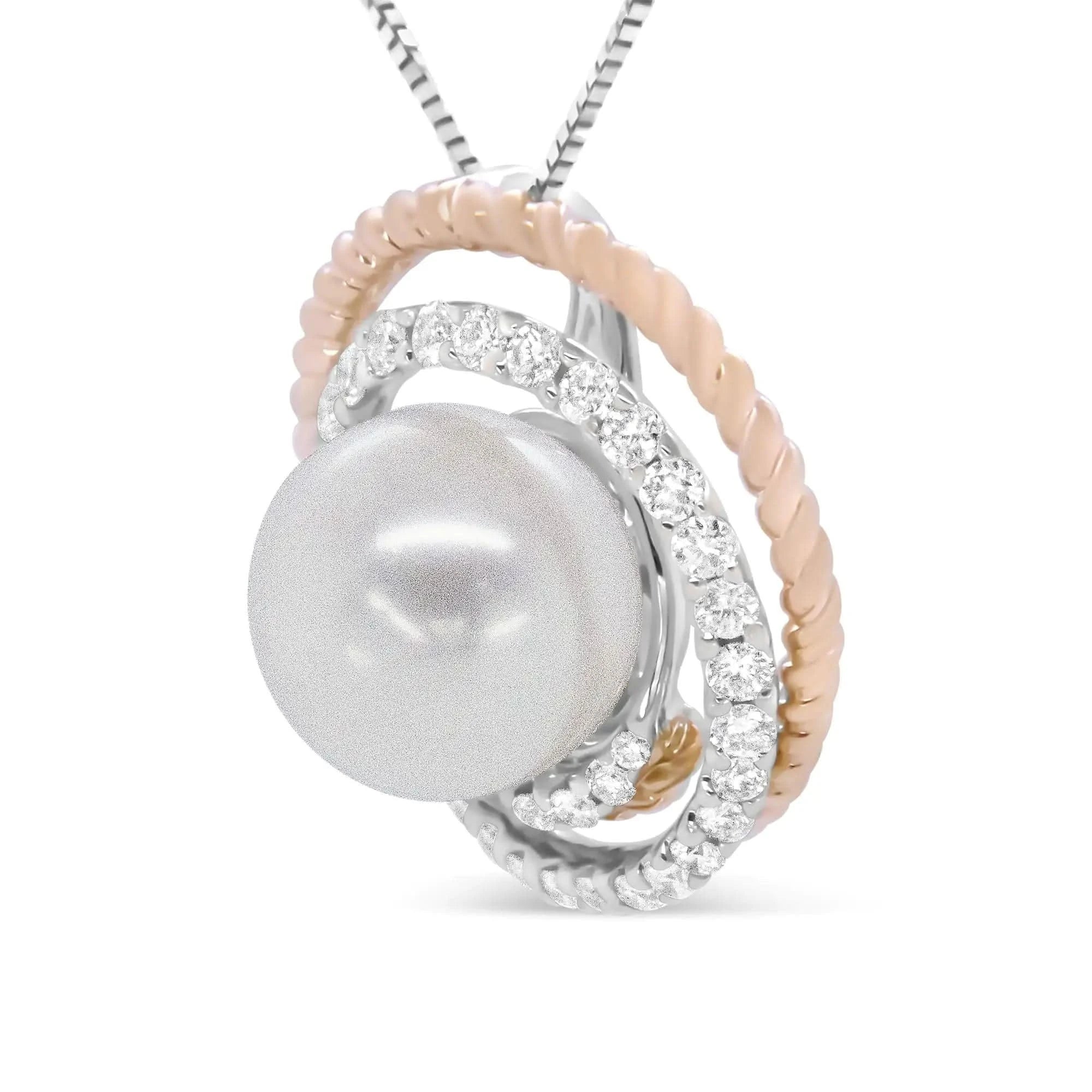 Collier pendentif ajouré en spirale, 45,7 cm, en or rose et blanc 14 carats, 3/8 ct, pavé de diamants et perles rondes de 9 mm (couleur HI, pureté VS1-VS2)