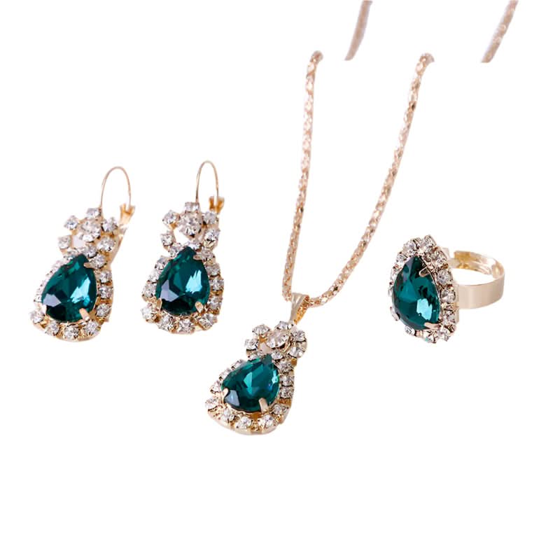 Ensemble collier, boucles d'oreilles et bague en strass goutte d'eau
