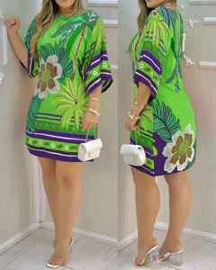 Robe décontractée à col rond et imprimé tropical pour femme