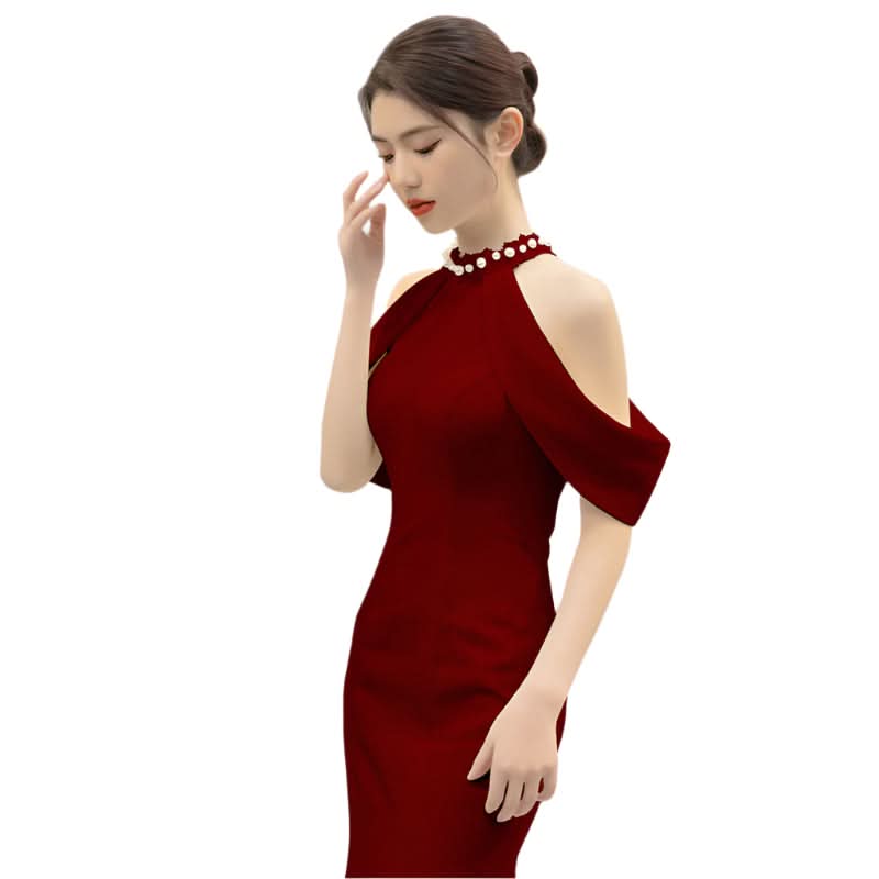 Robe de mariée de luxe rouge vin à col suspendu