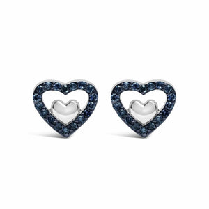 Boucles d'oreilles à tige en argent sterling 925 avec diamants de 1/6 ct et double cœur ouvert - Couleur de diamant au choix