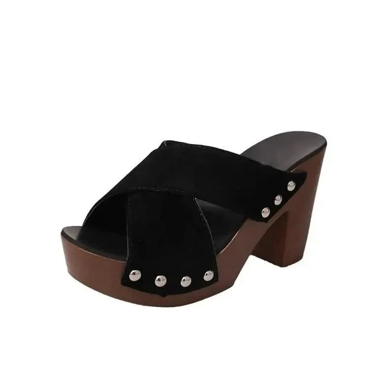 Sandales d'été à talons hauts carrés pour femmes : élégantes escarpins à rivets