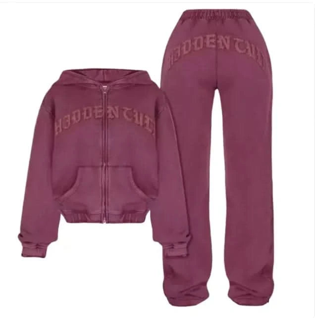 Ensemble de sport avec sweat-shirt court à capuche et fermeture éclair, pantalon ample à cordon de serrage, vêtements tendance pour femmes