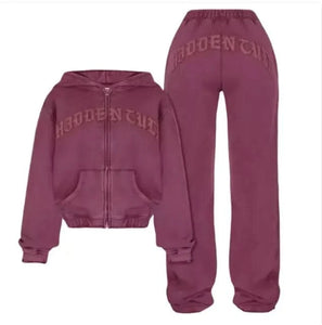 Ensemble de sport avec sweat-shirt court à capuche et fermeture éclair, pantalon ample à cordon de serrage, vêtements tendance pour femmes