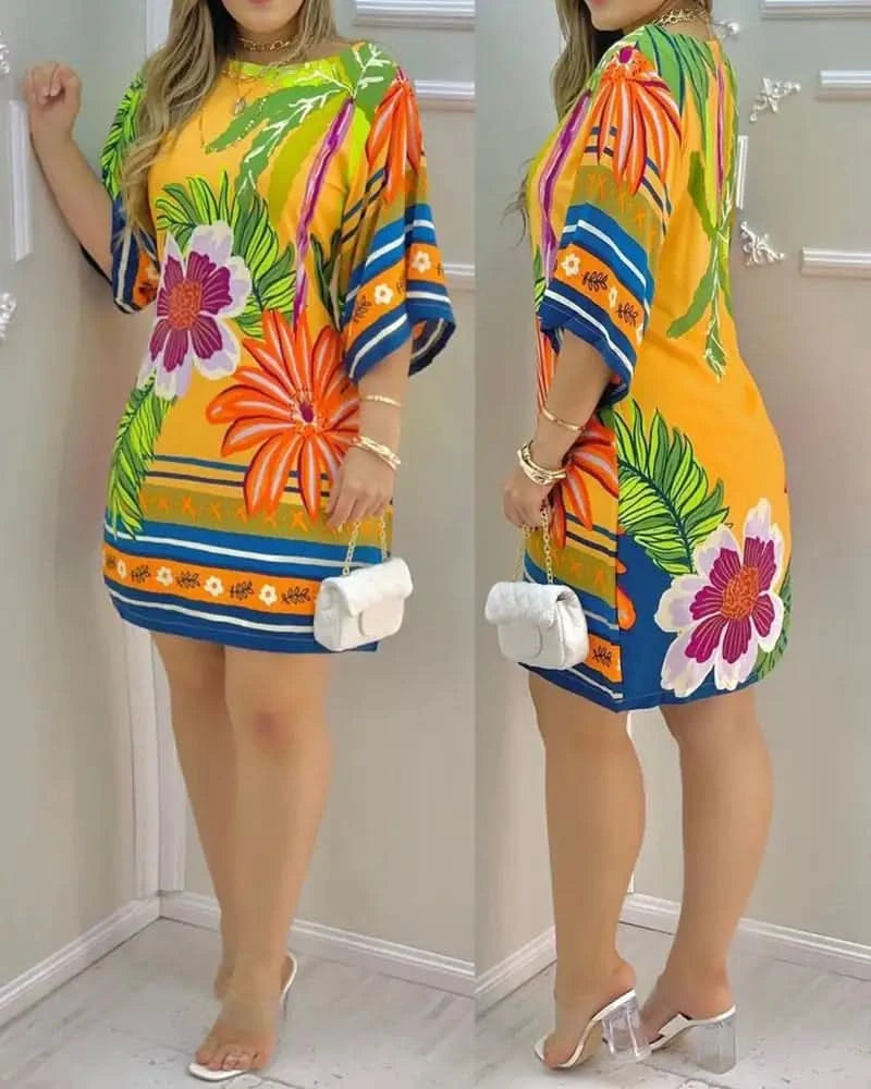 Robe décontractée à col rond et imprimé tropical pour femme