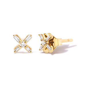 Boucles d'oreilles à tige en or jaune 10 carats, diamants ronds et baguettes 1/10 ct, croix croisée (couleur HI, pureté I1-I2)