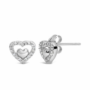 Boucles d'oreilles à tige en argent sterling 925 avec diamants de 1/6 ct et double cœur ouvert - Couleur de diamant au choix