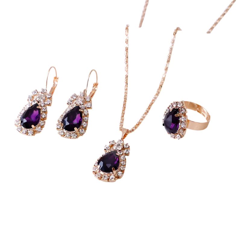 Ensemble collier, boucles d'oreilles et bague en strass goutte d'eau