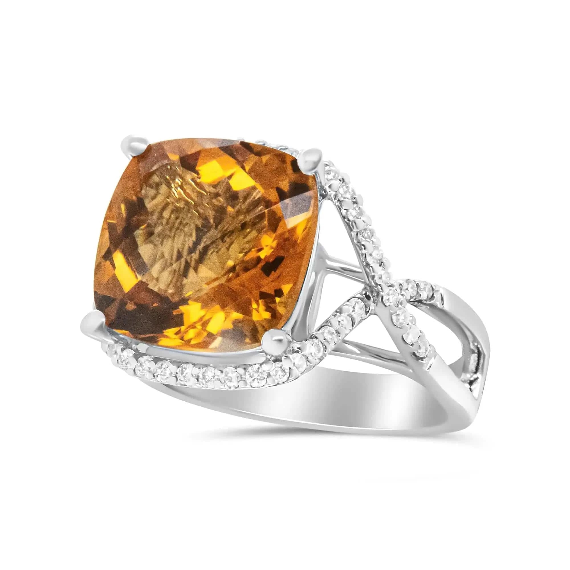 Bague en or blanc 14 carats, citrine jaune taille coussin de 12 mm et diamant rond pavé de 1/3 ct (couleur HI, pureté VS1-VS2)