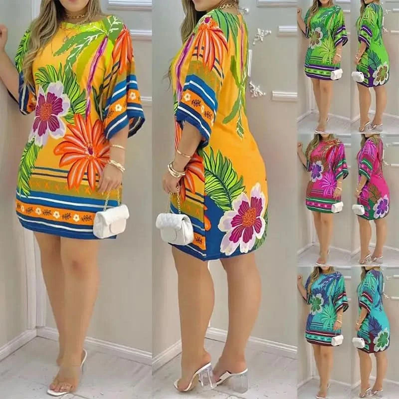Robe décontractée à col rond et imprimé tropical pour femme