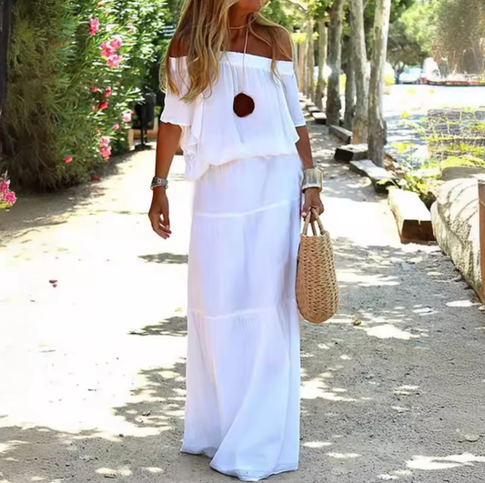 Elegant White Bohemian Maxi Dress – Lace-Up V-Neck Beach Cover-Up