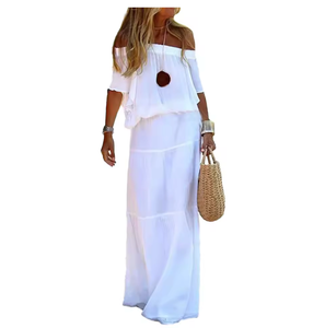 Robe longue bohème blanche élégante – Robe de plage à lacets et col en V