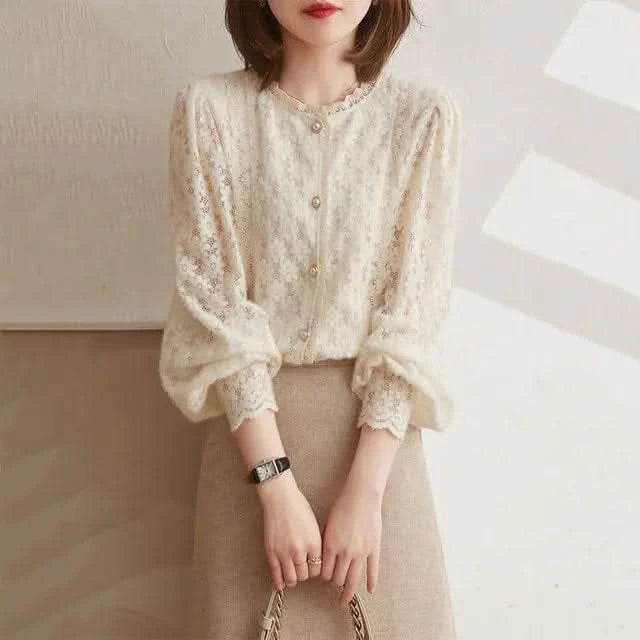 Women Lace ShirtsWomen Lace Shirts – Elegant Long Sleeve Pearl Blouse