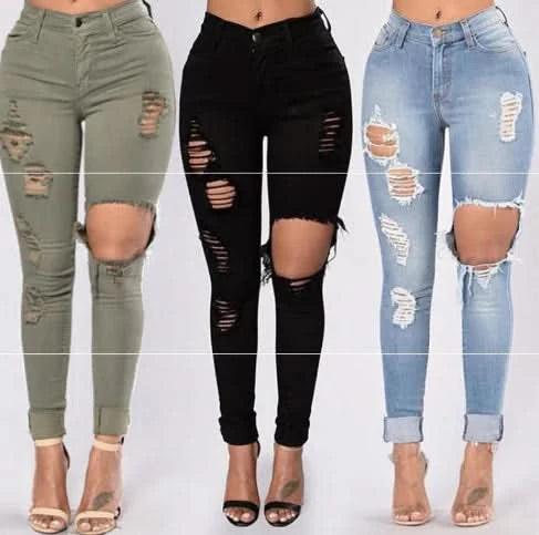 Blue Ripped High Waist Skinny Jeans with Slash Pockets