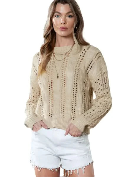 Full Size Openwork Cable-Knit Round Neck Knit Top-