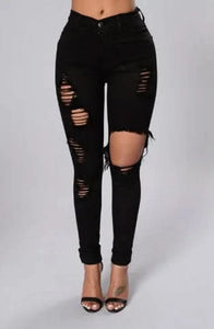 Blue Ripped High Waist Skinny Jeans with Slash Pockets
