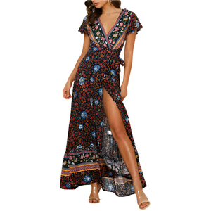 Robe longue fleurie romantique à col en V et coupe portefeuille – Élégance bohème estivale