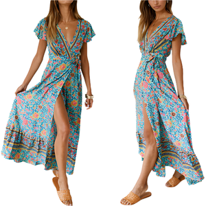 Robe longue fleurie romantique à col en V et coupe portefeuille – Élégance bohème estivale