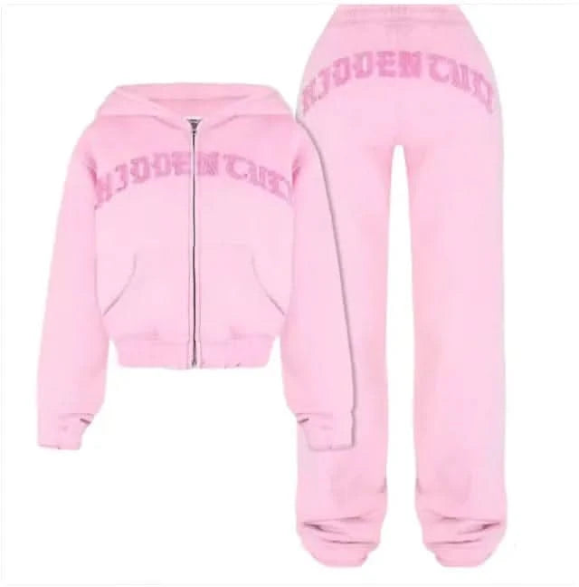 Ensemble de sport avec sweat-shirt court à capuche et fermeture éclair, pantalon ample à cordon de serrage, vêtements tendance pour femmes