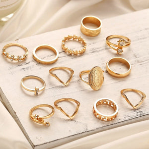 ✨ Ensemble de bagues médaillon 13 pièces – Cristaux autrichiens • Plaqué or 18 carats • Design italien