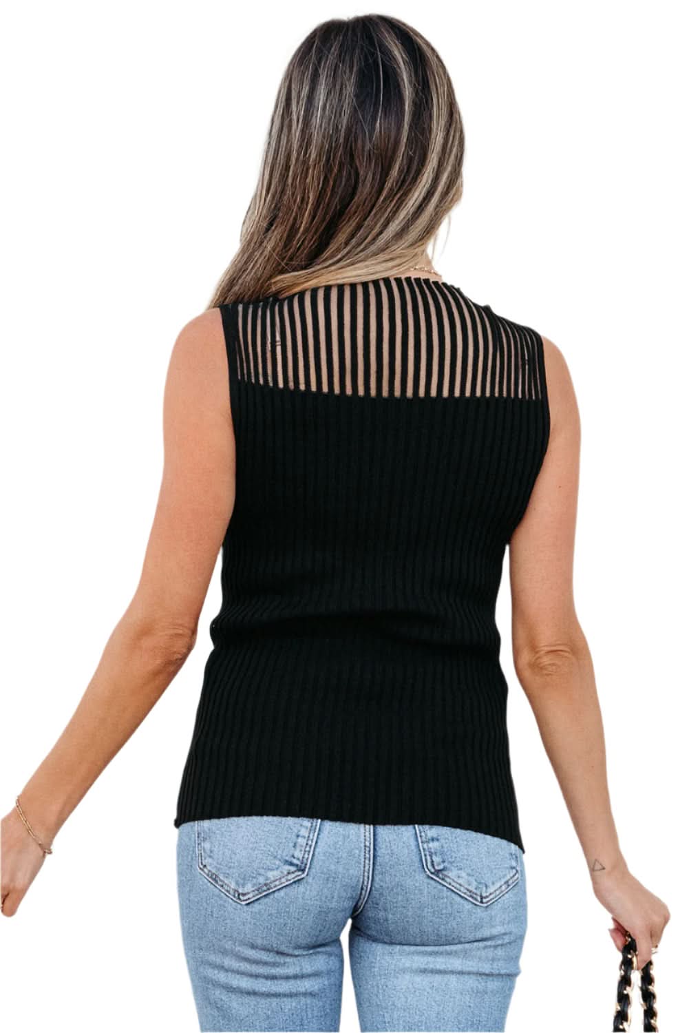 Black Ribbed Knit Sweater Vest with Mesh Cutout Detail