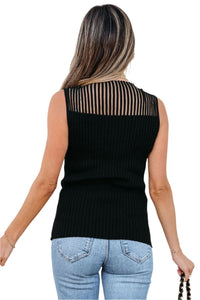 Black Ribbed Knit Sweater Vest with Mesh Cutout Detail