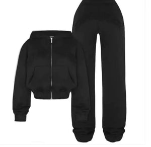Ensemble de sport avec sweat-shirt court à capuche et fermeture éclair, pantalon ample à cordon de serrage, vêtements tendance pour femmes