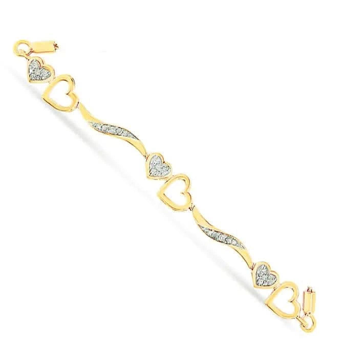 Bracelet bolo ajustable en argent sterling 925 plaqué or jaune 14 carats, 1/10 ct, motif vagues et cœurs en diamants (couleur IJ, pureté I3)